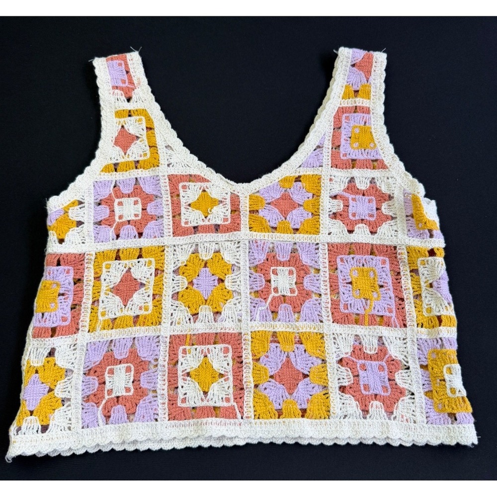 Rebellion Again Crochet Granny Square‎ Crop Tank Top XS Boho Cottagecore Y2K Hip